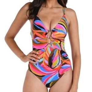NWOT La Blanca Tropic Waves High Neck Keyhole One-Piece Swimsuit Size 6